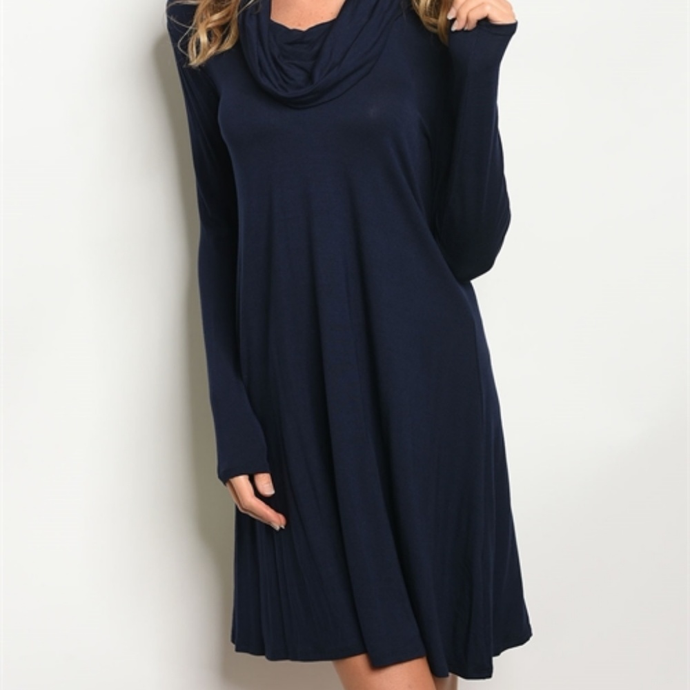 Navy Blue Long Sleeve Cowl Neck Jersey Swing Dress - Picture 2 of 4